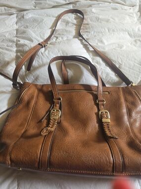 Sole Society Cognac Brown Leather Tote/ Laptop Bag with Braided Strap Accents